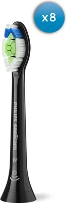 A black electric toothbrush head with green and blue bristles, shown against a white background. A blue circle with 'x8' is in the upper right corner.