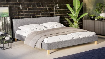 Produktbild von S-STYLE MÖBEL - Polsterbett 200x200 Thea Grau Boucle Stoff Füße aus Massivholz