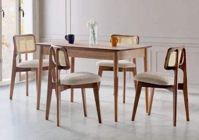 Produktbild von Luxus Esszimmer set Esstisch 4x Stühle Holz Stuhl Textil Essgruppe Garnitur