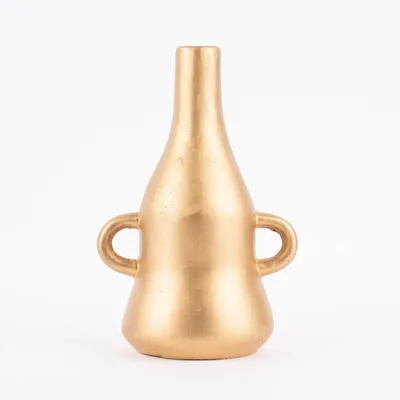 Produktbild von Kerzenhalter für Stabkerzen Flasche bauchig zwei Griffe Keramik goldfarbig schwarz 23x16cm