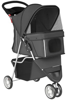 Produktbild von Faltbar Hundewagen mit verstellbarem Verdeck, Aufbewahrungskorb, für kleine Hunde bis 10kg, 77 x 44 x 102 cm Dunkelgrau