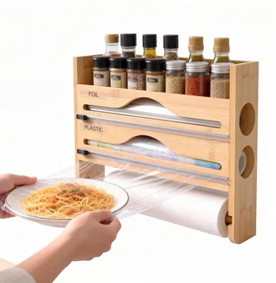 Bambus-Folienspender mit Schneider, Wandmontage, für Rollen bis 30 cm