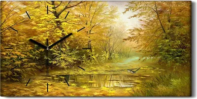Produktbild von Küchenuhr Bürouhr Leinwand Uhr 60x30 Gemälde Wald Bäume Fluss Herbst Natur - schwarze Hände