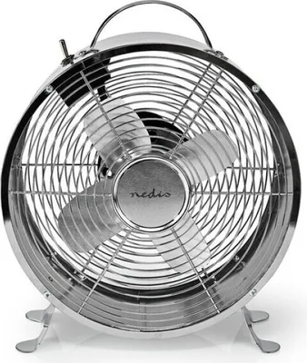 A chrome retro desk fan is shown against a white background.