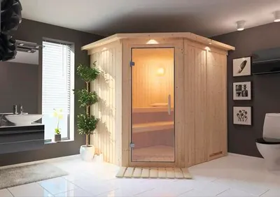 Produktbild von Elementsauna Karibu Siirina inkl. 9 kW Ofen u.integr.Steuerung mit Dachkranz und Ganzglastüre aus Klarglas