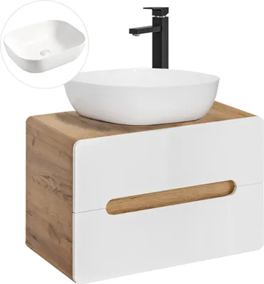 Produktbild von Waschtischunterschrank 80 cm mit 51 cm Aufsatzbecken LUTON-56 Hochglanz weiß mit Wotan Eiche Nb., B/H/T ca. 80/68/46 cm