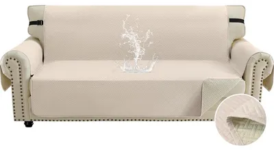 Immagine prodotto di Copertura per divano a 3 posti, impermeabile, antiscivolo, beige, con tasche laterali