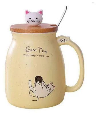 Image de Tasse en céramique avec couvercle et cuillère, 450 ml, jaune