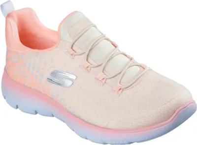 A single pink and orange Skechers shoe is shown against a white background.