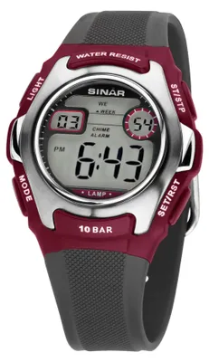 Produktbild von SINAR Jugenduhr Kinder Armbanduhr Digital Quarz Silikon XE-50-9 Dunkelrot silber