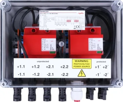 Obrázek produktu pro DEHN GAK typ 1+2, v krytu IP65, pro fotovoltaické systémy, 2 MPPT s 2 řetězci, do 1100 V DC, 1 ks.