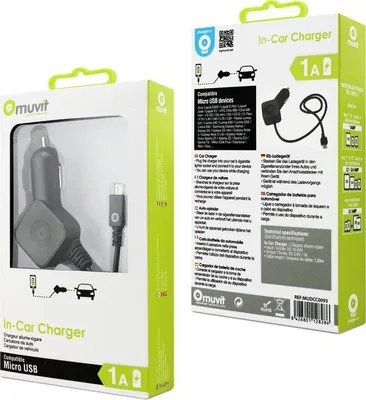 Zdjęcie produktu dla Ładowarka samochodowa Muvit ze złączem micro USB - czarna - 1 amper - 1,2 m