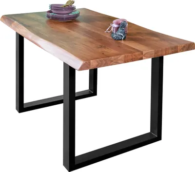 Produktbild von Esstisch Baumkante massiv Akazie Nussbaum 180 x 90 U-Gestell schwarz CALI