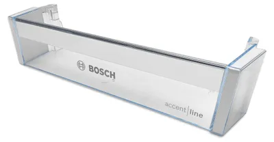 A clear plastic refrigerator door shelf with the Bosch logo and 'accent line' text.