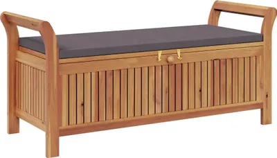 A wooden storage bench with a gray cushion, shown against a white background.