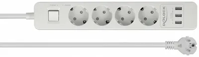 Imagen del producto de Regleta de enchufes Delock, 4 enchufes, con protección contra sobretensiones y cargador USB, color blanco