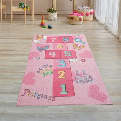 Prinzessinnen Hüpfspiel Kinder Spielteppich mit Herzen in pink Größe - 80 x 150 cm