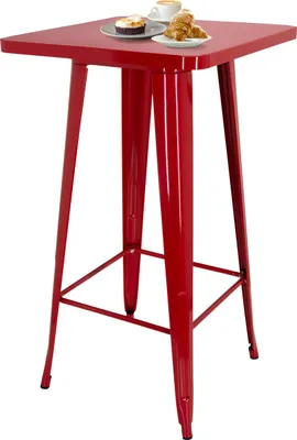 A red bar table with a plate of pastries and a cup of coffee on top, isolated on a white background.