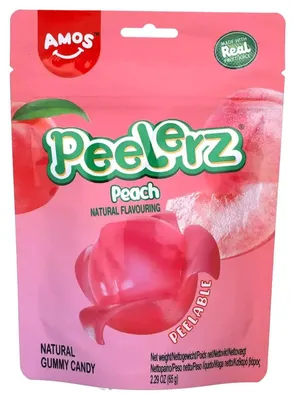 Obrázek produktu pro Amos Peelerz žvýkací bonbóny, příchuť broskve s ovocnou náplní, 65g