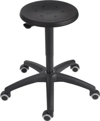 Produktbild von Drehhocker Atlanta | Sitzhöhe 42-61cm | Ø 63cm | Tragfähigkeit 110kg | Polyurethane-Sitz | Kunststof-Fußkreuz mit Rollen | Hebelauslösung | Schwarz