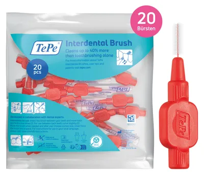 Produktbild von 20-Pack TePe Interdentalbürsten Extra Soft Rot, ISO-Größe: 2, 0,5mm, inkl. Schutzkappen