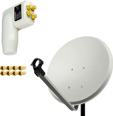 A satellite dish, LNB, and F-connectors are displayed against a white background.