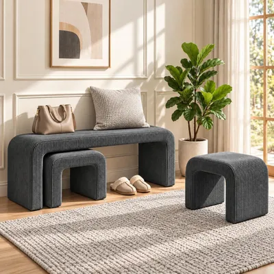 Produktbild von Polsterbank 3er Set mit Sitzhockern Grau, Flur, Wohnzimmer, Schlafzimmer