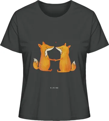 Produktbild von Mr. & Mrs. Panda Baumwoll T-Shirt Damen Füchse Liebe Größe S - Anthrazit - Geschenk, Basic, Fuchs, Shirt Mit Print, Oberteil, Sommershirt, Ehemann, Freundin