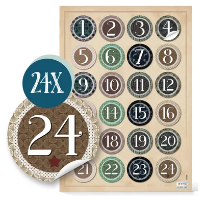 Produktbild von Adventskalenderzahlen Aufkleber rund 4 cm mit Zahlen 1 - 24 - Vintage grün braun