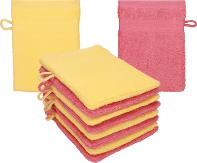 Produktbild von Betz 10 Stück Waschhandschuhe 16x21 cm PREMIUM 100% Baumwolle  Farbe: honiggelb - himbeere