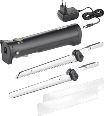 Das Unold Elektromesser Cordless verfügt über einen schwarzen Griff, ein Netzteil, zwei silberne gez