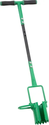 A green and gray bulb planter tool is shown against a white background.