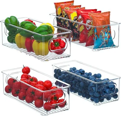 Produktbild von PolkaHome® Kühlschrank-Organizerset, 4er-Set, stapelbare Vorratsbehälter, transparent, BPA-frei, Küchenboxen mit Griffen, 25,5 x 9,8 x 7,2 cm