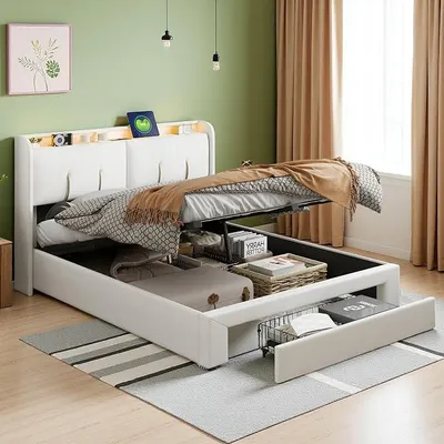 Produktbild von Polsterbett 160x200cm mit LED Kopfteil & USB Ladefunktion,Doppelbett mit Stauraum und 1 Schubladen,Jugendbett,Stauraumbett,Samt,Ohne Matratze