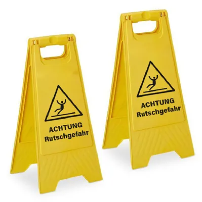 Produktbild von Relaxdays Achtung Rutschgefahr Aufsteller, 2er Set, klappbar, beidseitig beschriftet, Kunststoff, Warnschild, gelb