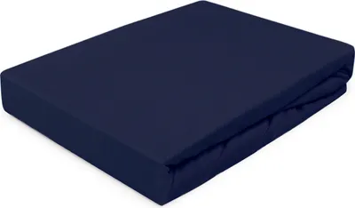 A dark blue fitted sheet is folded and placed on a white surface.