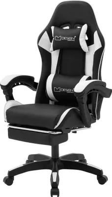 Produktbild von ML-Design Gaming Stuhl mit Fußstütze, Schwarz-Weiß aus Kunstleder, Ergonomischer Bürostuhl mit Armlehne Kopfstütze Lendenkissen, Drehstuhl verstellbar