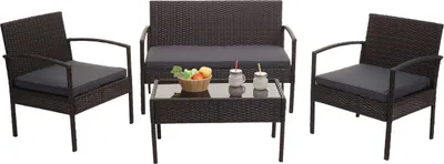 Produktbild von Poly-Rattan Garnitur HWC-F56, Balkon-/Garten-/Lounge-Set Sitzgruppe  braun, Kissen dunkelgrau