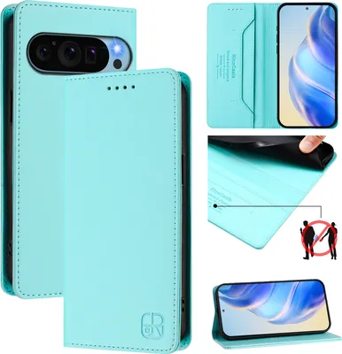 Produktbild von Lederhülle für Google Pixel 9 / Pixel 9 Pro Hülle Flip Brieftasche Kartenfächern Ständer Schutzhülle Türkis