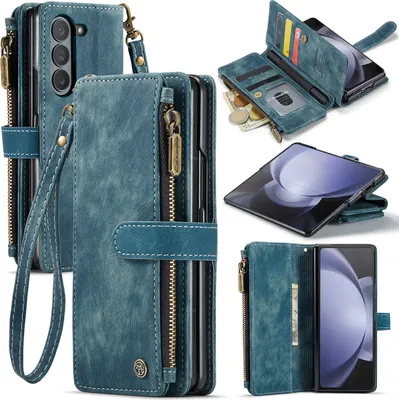 Produktbild von Leder Klapphülle für Samsung Galaxy Z Fold 5 Magnetverschluss Kartenfach Standfunktion Reißverschluss Geldbörse Schutzhülle Blau