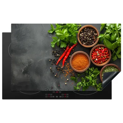 Produktbild von KitchenYeah© Herdabdeckplatte Kräuter - Paprika - Betonoptik , 85x52cm, Küche Deko, Glaskeramikkochfeld Herdabdeckung, Abdeckplatte fùr Kochfeld