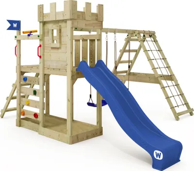 Image de WICKEY Tour de jeux GateFlyer avec annexe à grimper, balançoire double et toboggan - bleu