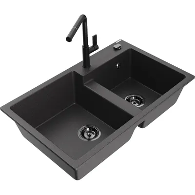 Obrázek produktu pro Mexen Tomas 2-miskový granitový dřez s kuchyňskou baterií Flora, Skvrnitá černá - 6516-76-670401-70-B