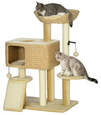 Productafbeelding van Krabpaal, 1 kattenhol, 1 kattenmand, 1 ligvlak, 1 helling, 60 cm x 40 cm x 98 cm, naturel + beige
