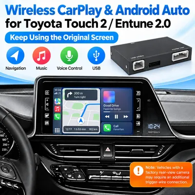 Productafbeelding van Draadloze CarPlay en Android Auto interface voor Toyota Touch 2 / Entune 2.0 modellen van 2014–2019, met USB-aansluiting, MirrorLink-ondersteuning, behoud van het originele scherm, zonder 360°-camera, AI-gegenereerde afbeelding