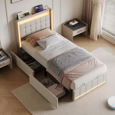 Produktbild von UnboxG Einzelbett 90x200 cm Beige – Polsterbett aus Leinenstoff mit LED-Beleuchtung, USB & Type-C Ladeanschluss, 2 Schubladen und Lattenrost