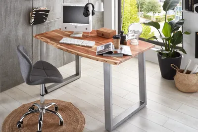 Produktbild von Schreibtisch Baumkante massiv Akazie natur 140 x 80 silber PALMA