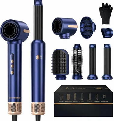 Produktbild von Atopskins 7-in-1 Air Styler 1400W – Warmluftbürste & Haartrockner mit 110.000 U/min, Ionen-Technologie, Lockenstyler, Glättbürste & Diffusor, Blau, KI-generiertes Bild