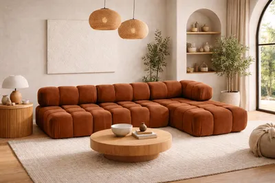 Image de Canapé d'angle forme en L modulaire, tissu velours Salvador, marron, ? droite, Selia