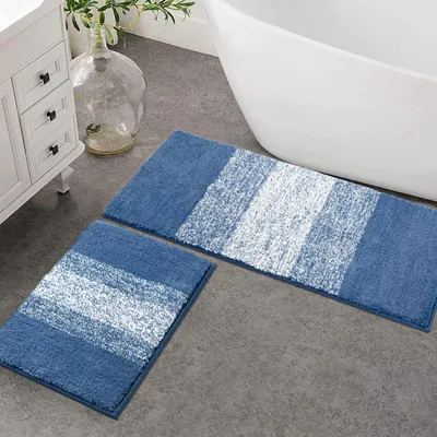 Immagine prodotto di Omgoods - Set di 2 tappetini da bagno in microfibra, colore blu - Antiscivolo e assorbenti